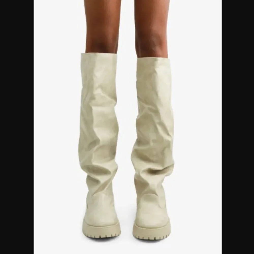 OFF WHITE CREAM DISTRESS OVER THE KNEE CRUNCH BOOT
